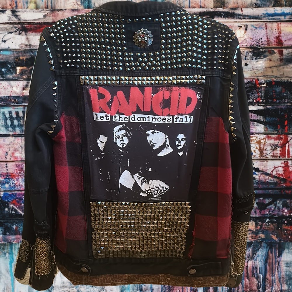 Upcycled hand studded pinned and patched punk rock rancid distressed jean jacket